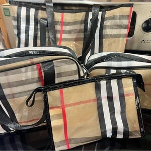 Plaid Tote and Pouch Set - Black, Red, Tan